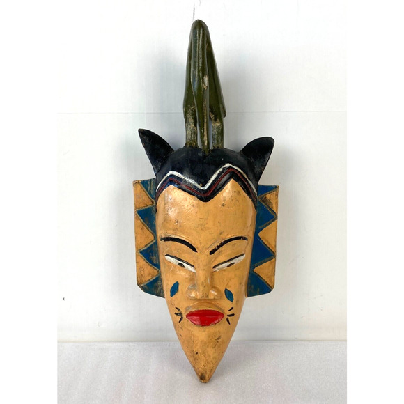 Baule? Wooden Tribal Mask Hand Carved Painted Akan 14" African Vintage - Picture 1 of 7